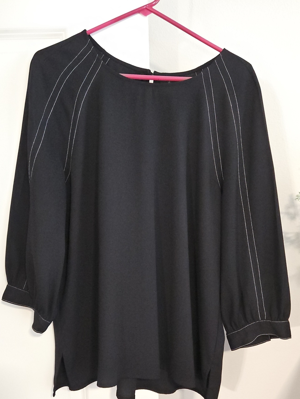 Women's Black Boatneck Blouse with Contrast Stitching